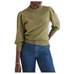 Madewell Dotted Eaton Olive Green Puff-Sleeve Pullover Sweater Medium